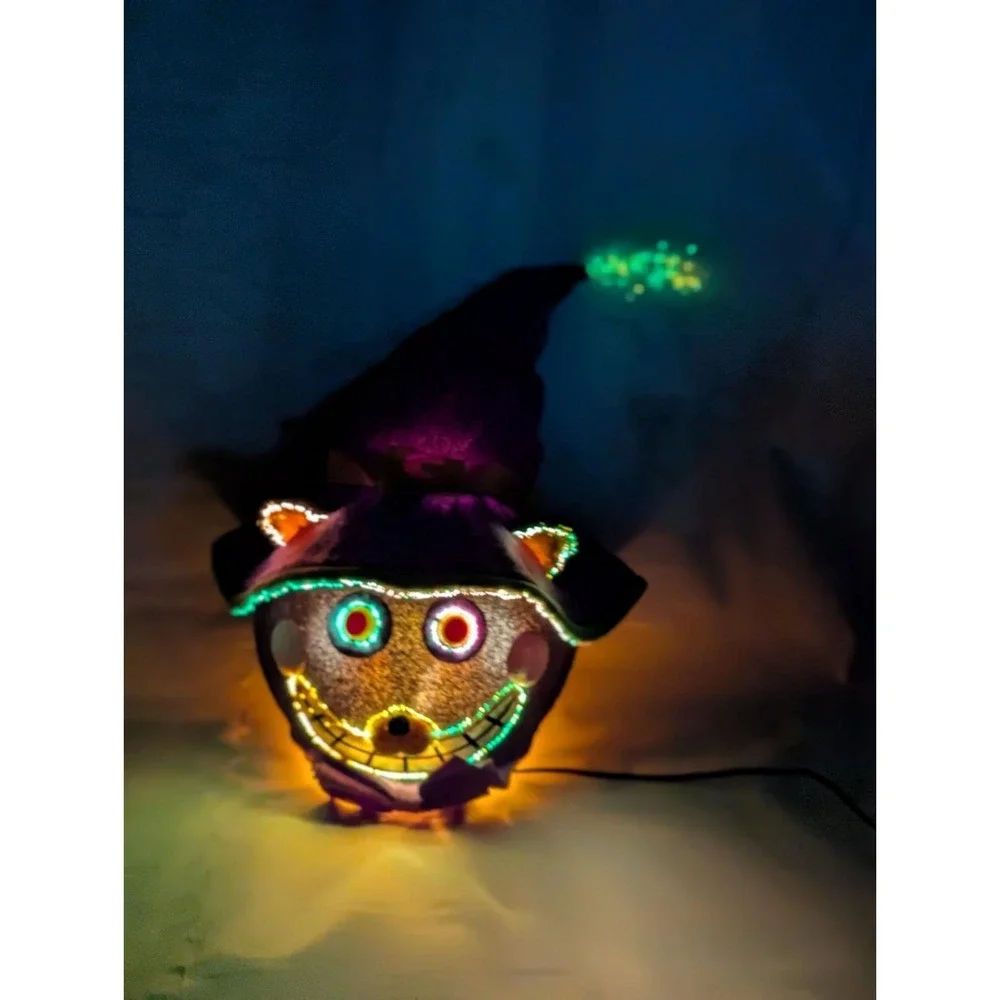 Vtg Gemmy '04 Fiber Optic Haunted Head Black Cat Light Color Change Halloween